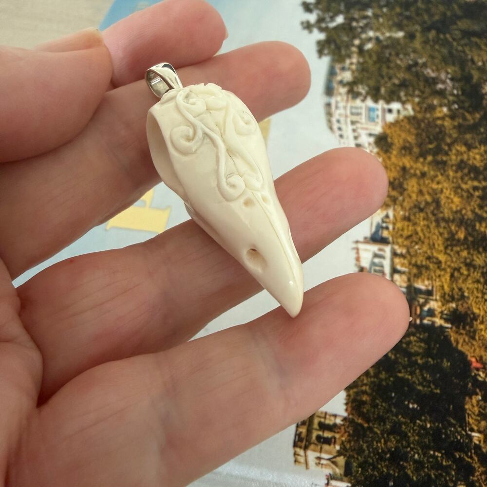 Hand Carved Raven Skull Pendant Sterling Silver - Picture 5 of 6